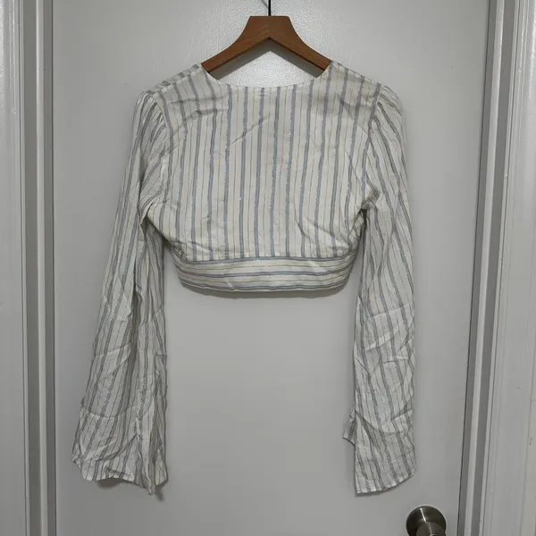 Tularosa x Revolve | Striped Blue Gold Metallic Bell Sleeve V-Neck Crop Top, S‎ - Image 2