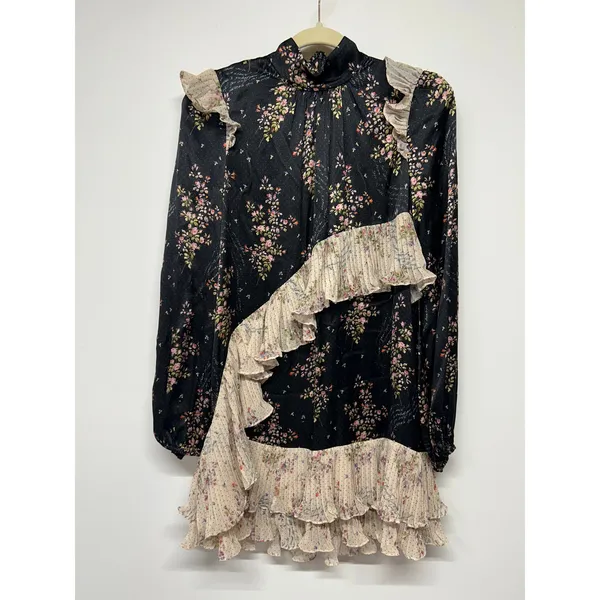 AMUR Devin Silk Ruffle‎ Mini Dress Floral High Neck Size 2 Black Prairie Cottage - Image 2