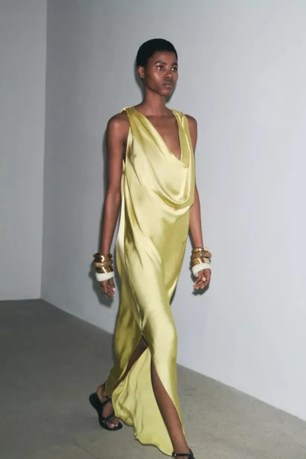 Zara maxi dress zwcollection satin flowy Sleeveless Lime evening party wedding - Image 15