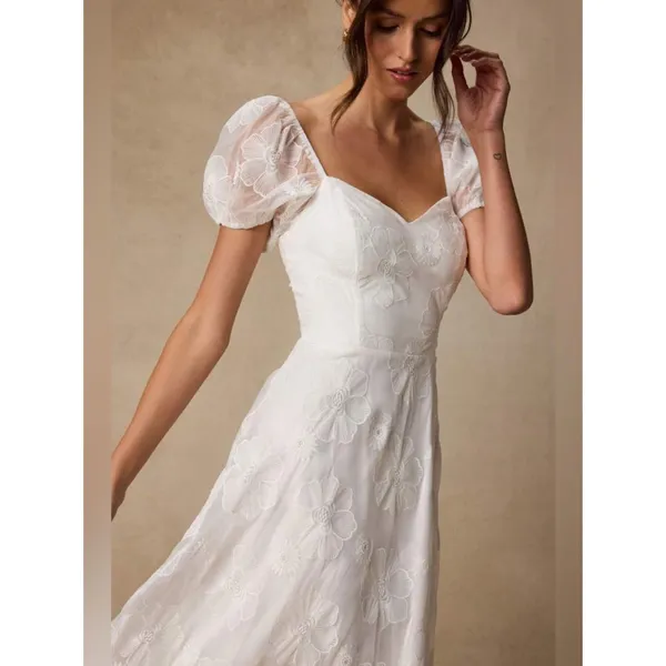 Lulus Sweetest Behavior White Embroidered Puff Sleeve Midi Dress Size Medium - Image 3