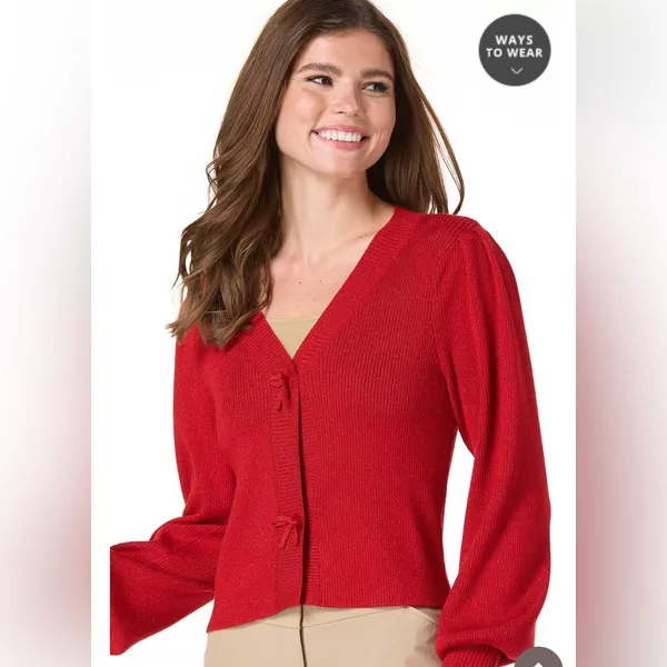 Cato Fashions SHIMMER BOW BUTTON CARDIGAN Holly Red Sparkle Holidays Large - Image 9