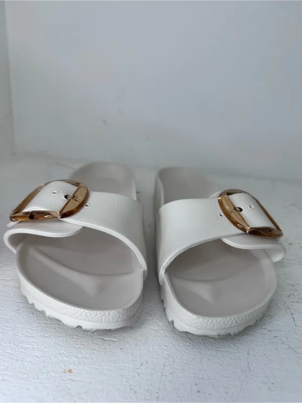 Birkenstock White Slide Sandals with Gold Buckle - Image 2