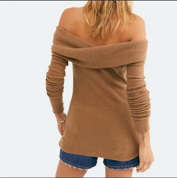 Free People Fold Over Off The Shoulder Ribbed Brown Sweater Tops Size XS - Image 4