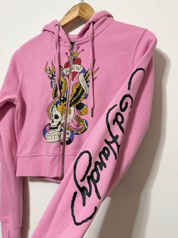 Ed Hardy Pink Skull Graphic Cropped Zip Hoodie Women’s NYC Medium - Image 6