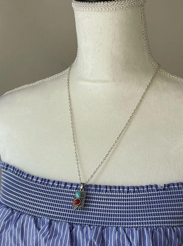Turquoise & Coral Stone Silver Pendant Necklace. - Image 7