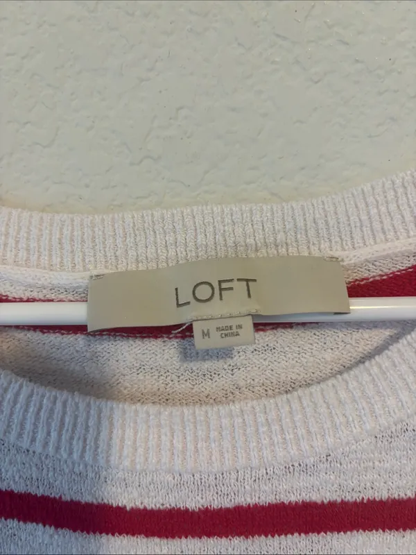 LOFT White Short-Sleeve Knit Top with Red Stripes medium - Image 2