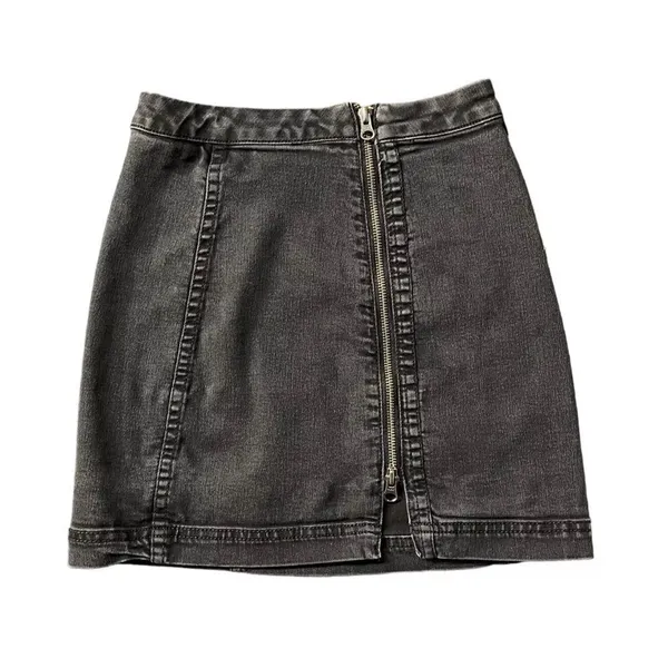 Free People Black Zip Up Denim Pencil Mini Skirt - Image 2
