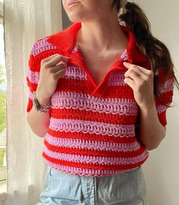 Scoop Red and Purple Striped Lightweight Sweater Top - Image 5