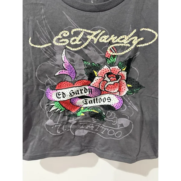 Ed Hardy‎ Rose Heart Rhinestone Charcoal Crop T-Shirt Retro Y2K NWT R - Image 3