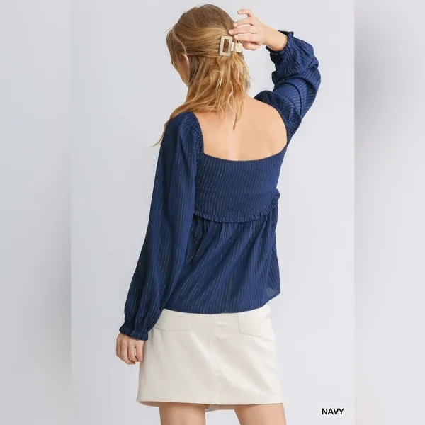 NWT Umgee Blue with Gold Metallic Stripes Smocked Babydoll Top Celestial Boho L - Image 2