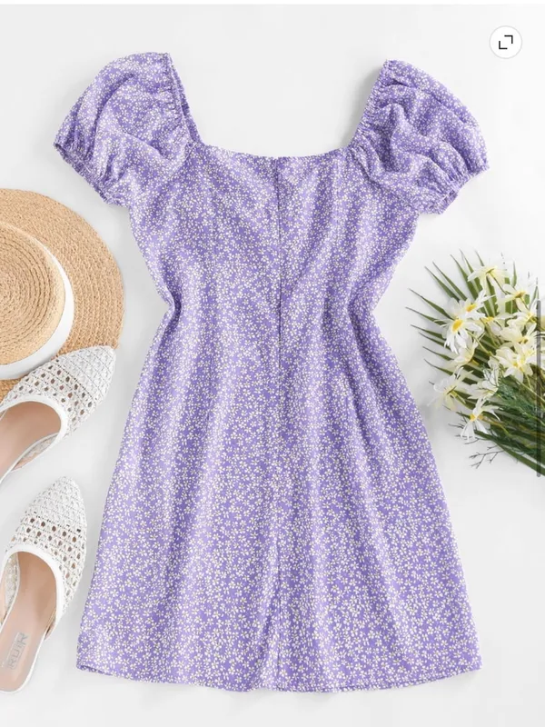 Zaful Women’s Sz 6 Mini Dress Puff Sleeve Light Purple Ditsy Floral White Yellow - Image 3