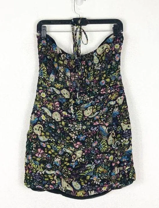 ZARA Floral Mini Dress Large Ruched Bodycon Halter Sweetheart Paisley Print - Image 13