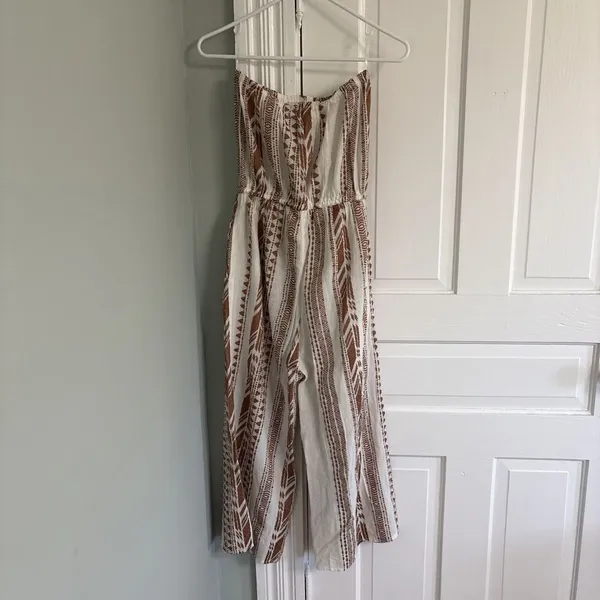 ELAN‎ Small Tan Beige Striped Linen Strapless Wide Leg Cropped Jumpsuit Lounge - Image 3