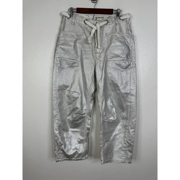 Free People We The Free Good Luck Mid-Rise Barrel Jeans Metallic Silver Foil 29 - Image 3
