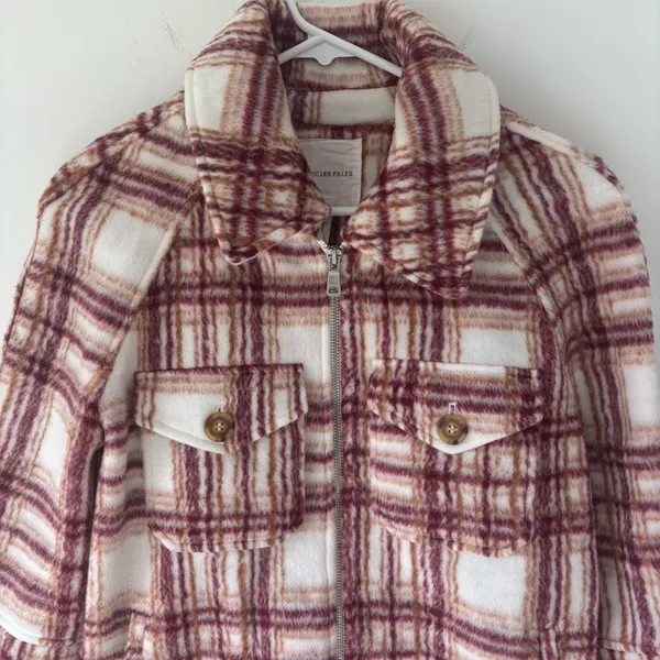 Avec Les Filles Plaid Zip Up Jacket Fleece White Pink Orange Shacket Cropped - Image 3