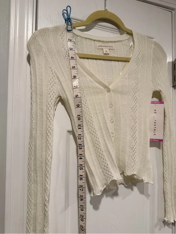 NWT Aeropostale Size XXS Ivory Pointelle Knit Cropped Stretch Lace Cardigan Y2K - Image 7