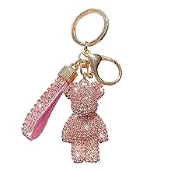 Pink Rhinestone Teddy Bear Keychain Wristlet - Image 2