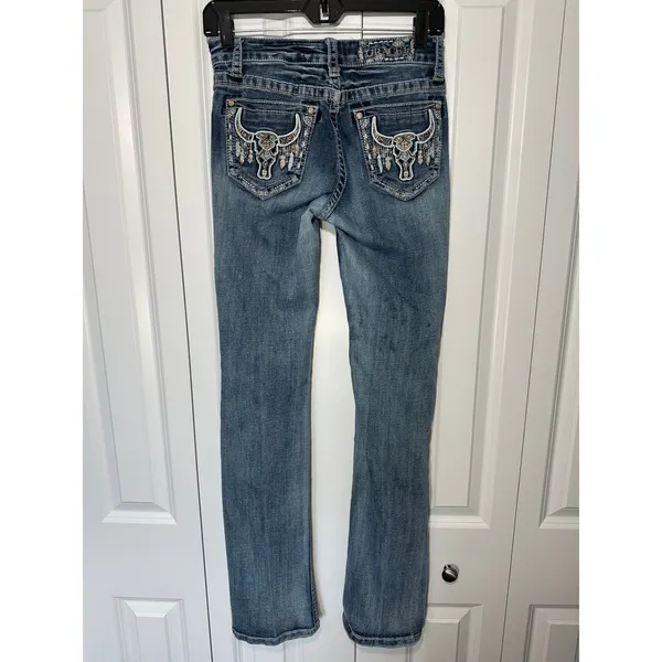 Grace in LA Jeans Womens 25 Blue Bootcut Bull Skull Embellished Pocket Western - Image 3
