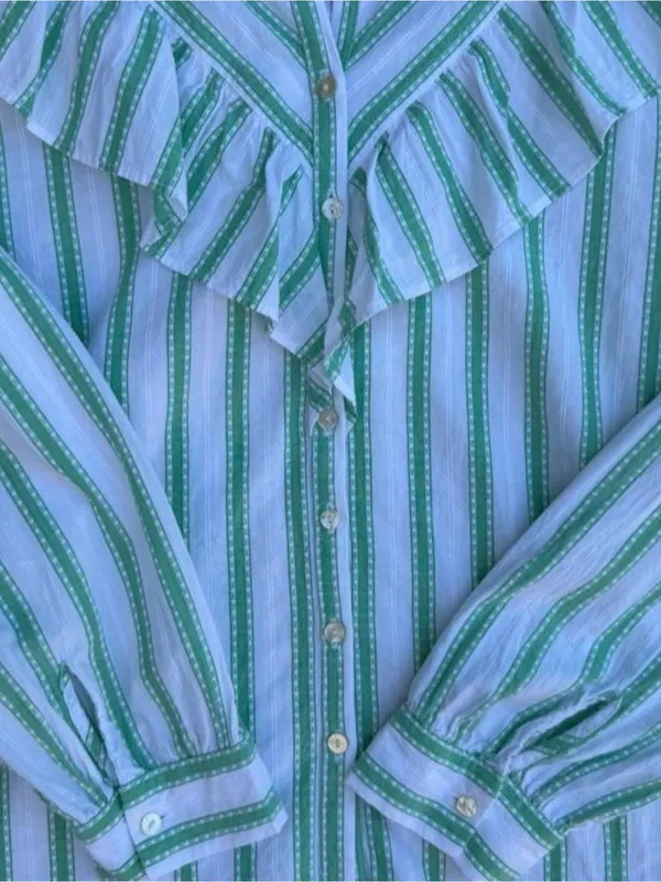 LOFT Green and White Striped Ruffle Collar Blouse - Image 6