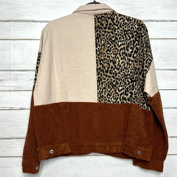 Umgee Color Block Corduroy Jacket Leopard Print Shacket Brown Size Medium - Image 3