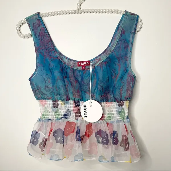STAUD Blue and White Bustier Peplum Tank Top - Image 2