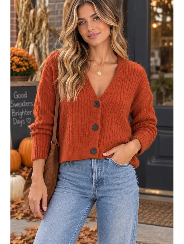 Madewell XS Burnt Orange Merino Wool Alpaca Ribbed Button Cardigan - Image 2
