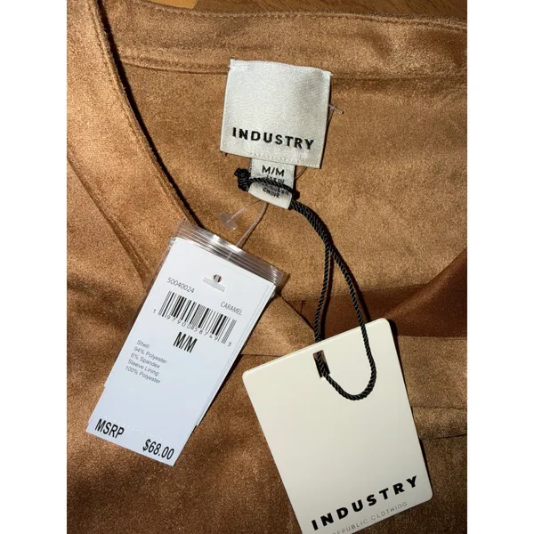 Industry Faux Suede Top Women Medium Caramel Brown NEW Puff Sleeve Button Down‎ - Image 4