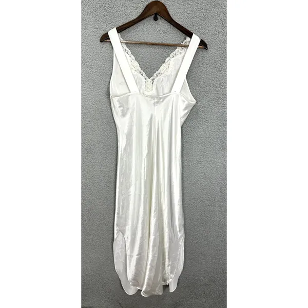 Vtg Dentelle Satin Slip Dress Womens Medium Ivory Bridal Nightgown Lace Rosettes - Image 2