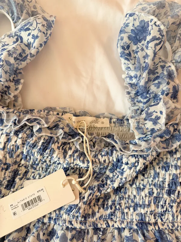 Altar’d State Paityn White And Blue Floral Smocked Tiered Mini Dress Size Small - Image 4