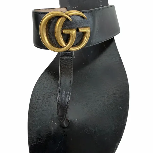 Gucci Black Leather Thong Sandal Gold Double G Logo Size 36.5 - Image 6
