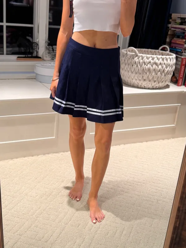 Navy Pleated Mini Skirt White Stripe Y2K Preppy Size XS - Image 2