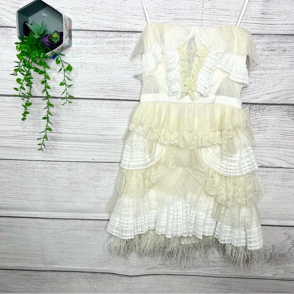 BCBGMAXAZRIA Owen Feather-Trim Ruffled Strapless Dress Size Small Cream White - Image 4