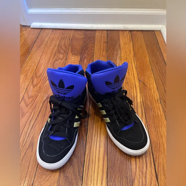 adidas Purple & Black High-Top Sneakers with Gold Stripes - Image 6