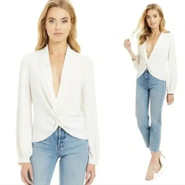 Amanda Uprichard Keely Twist Front Long Sleeve Crepe Blouse Ivory White Size S - Image 10