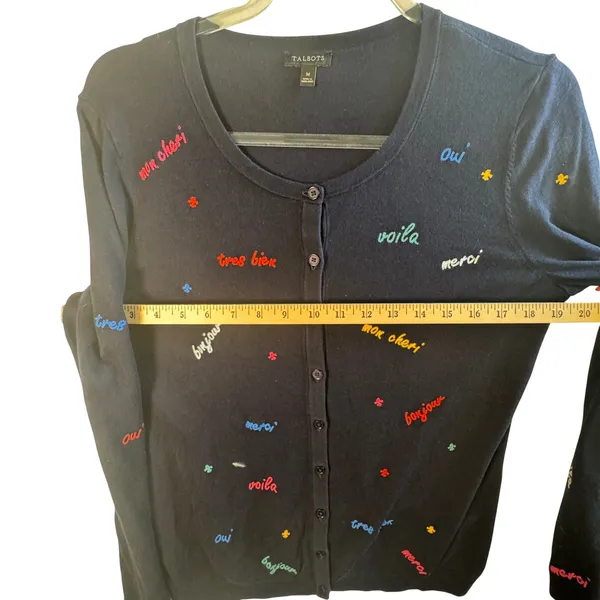 Talbots Cardigan Sweater Navy Blue French Phrase Embroidery Sz‎ M Chic Whimsical - Image 5