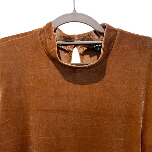 Very J Velvet Mini Dress Copper Brown Boho Bell Sleeve Mock‎ Neck Womens Large - Image 2