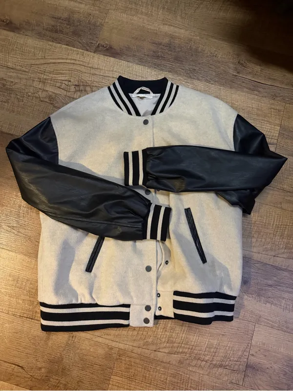 Gilded Intent Two-Tone Varsity Jacket in Cream & Black - Image 2