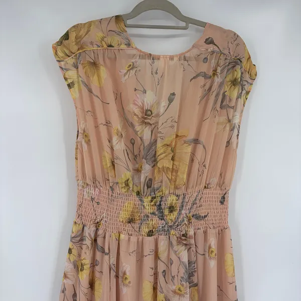 H&M Maxi Chiffon Dress Sz 10 Peach Cottage Boho Romantic Coquette Smock Floral - Image 8