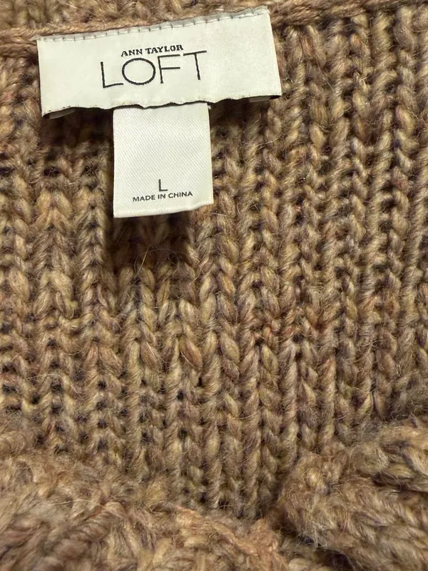 LOFT Brown Cable Knit Long Cardigan with Wide Collar - Image 5