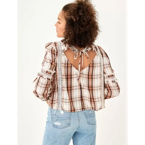 American Eagle Plaid Crochet Lace Ruffle Tie‎ Back Blouse Brown Cream Womens M - Image 2