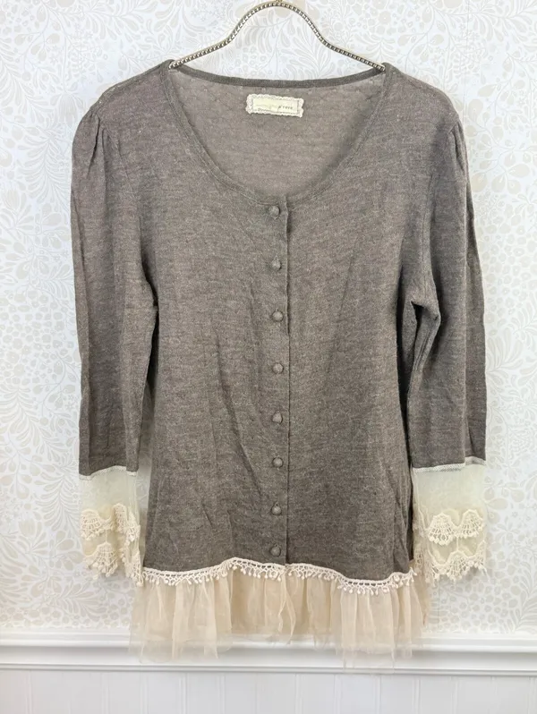 a'reve by Anthropologie Brown Lace Tule Trim Sweater - Size - Large - Image 7