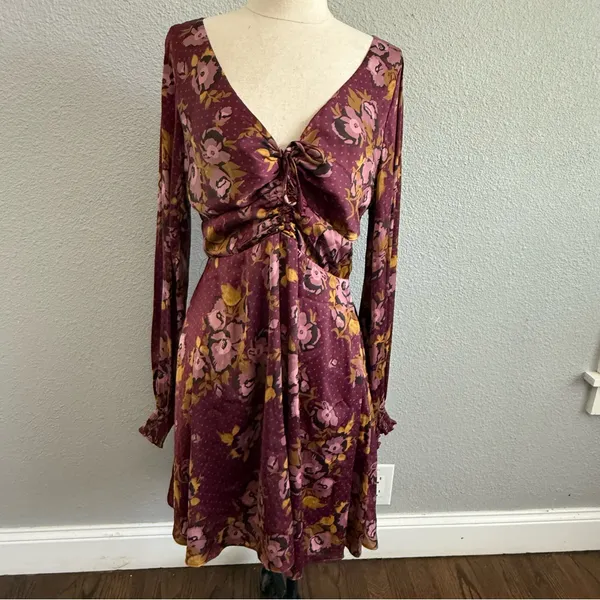 Free People Purple Gold Morning Floral Mini‎ Dress Size 12 Boho - Image 3