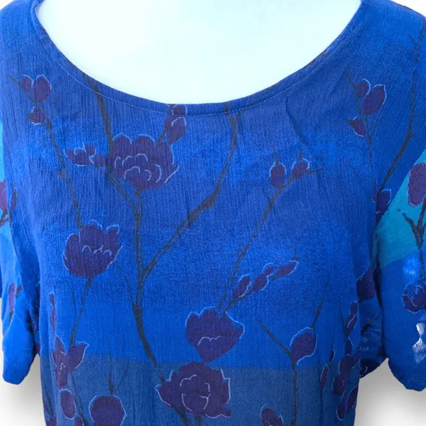 Vintage 90s Ombre Blue Dark Floral Crinkle Dress Short Sleeve Maxi‎ Festival - Image 4