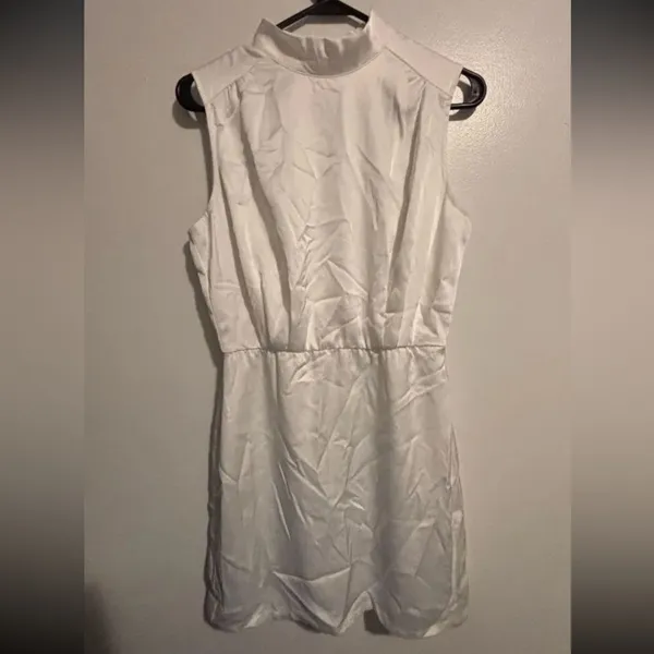 Lulus Classic Elegance White Satin Sleeveless Mock Neck Mini Dress Size Medium - Image 7