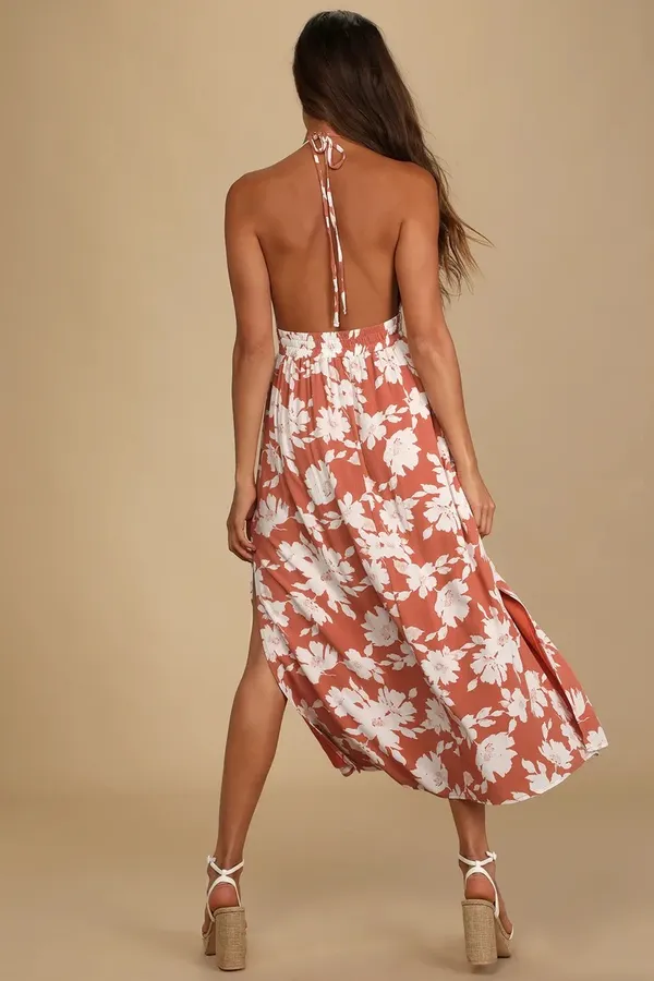 Lulus Follow the Summer Orange Floral Print Halter Midi Dress Large - Image 3