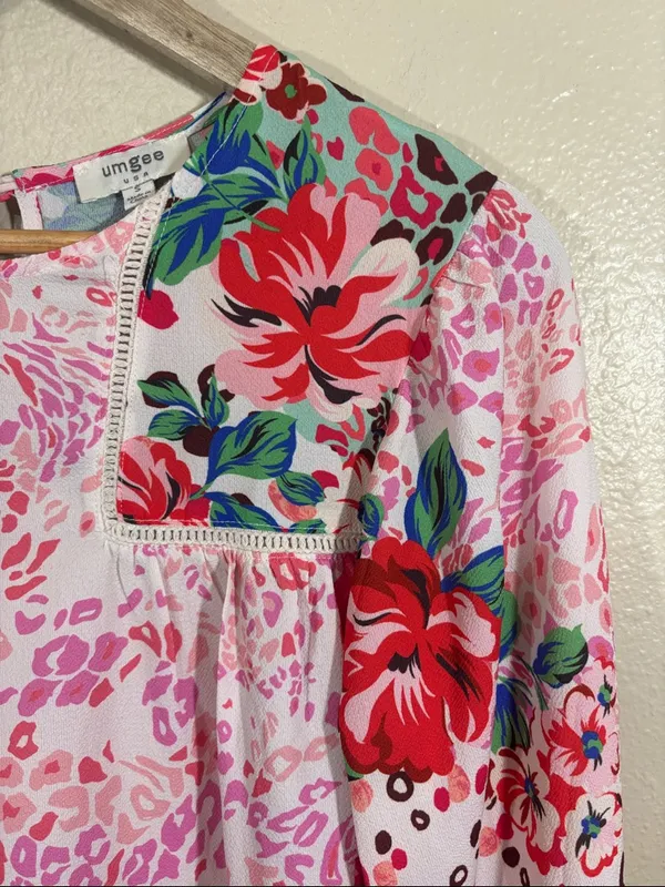 Umgee Boho Oversized Pink Floral & Tropical Leopard Print Top Size S - Image 2