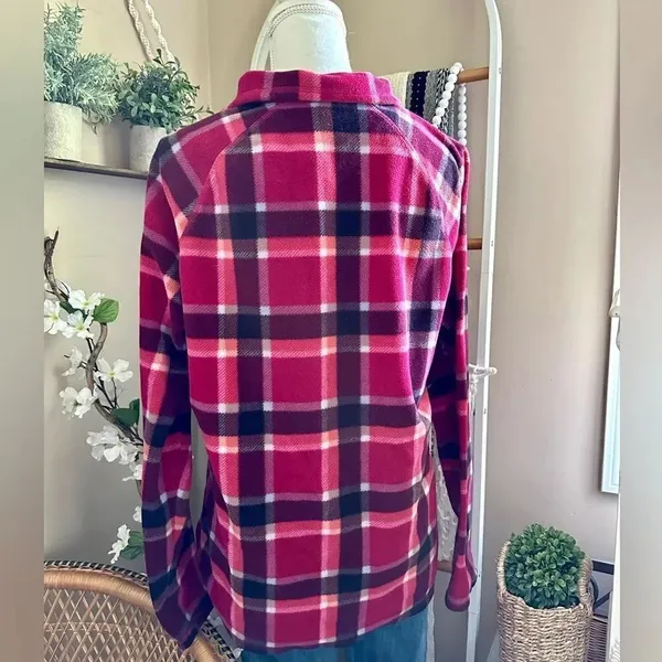 Eddie Bauer Pink/Orange Plaid Quarter Zip Fleece Pullover Sweatshirt - Image 4