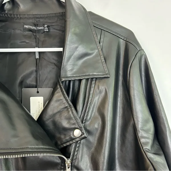 NWT PrettyLittleThing Black Faux Leather PU Biker/Moto Jacket Plus Size XL - Image 8