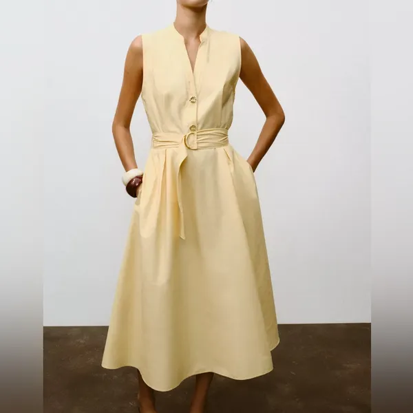 Nwt Zara Belted Poplin Midi Dress Butter Yellow Size S - Image 2