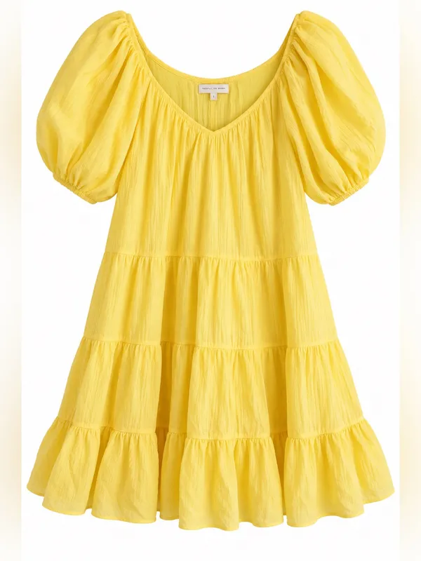 Rebecca Taylor Tiered Silk Cotton Puff Sleeve Dress Womens XL Yellow - Image 2